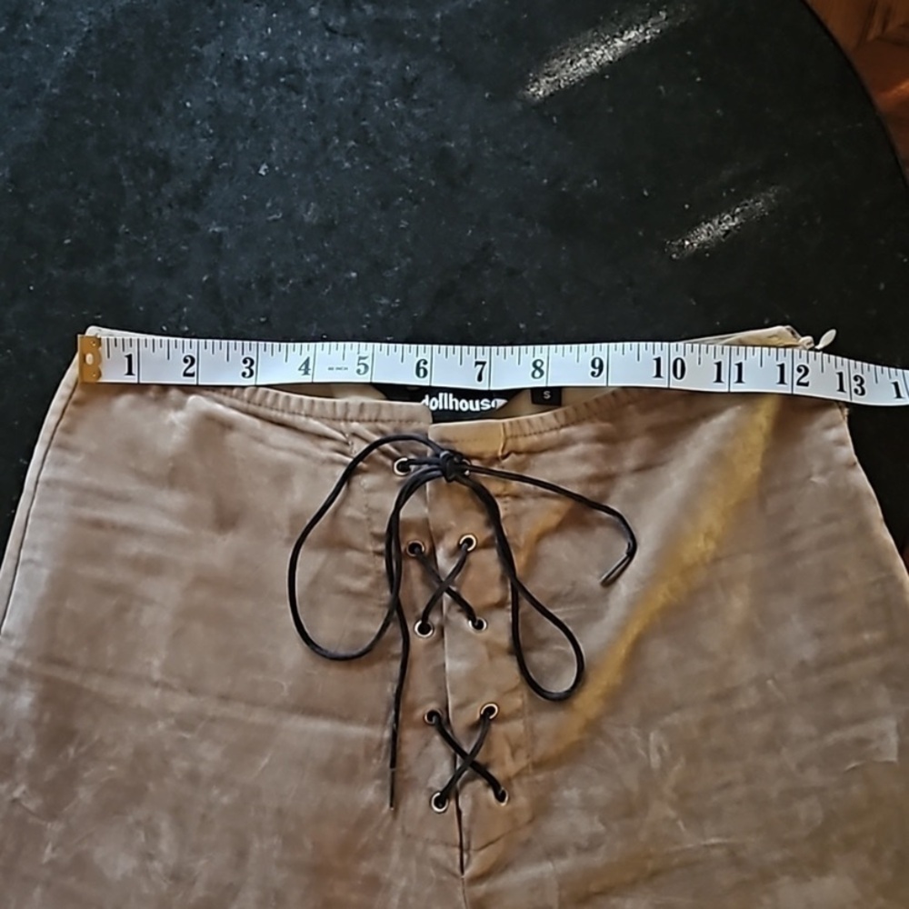 Y2K Dollhouse Tan Faux Suede Lace Up Flared Boho Festival Pants Size Small - Picture 9 of 13